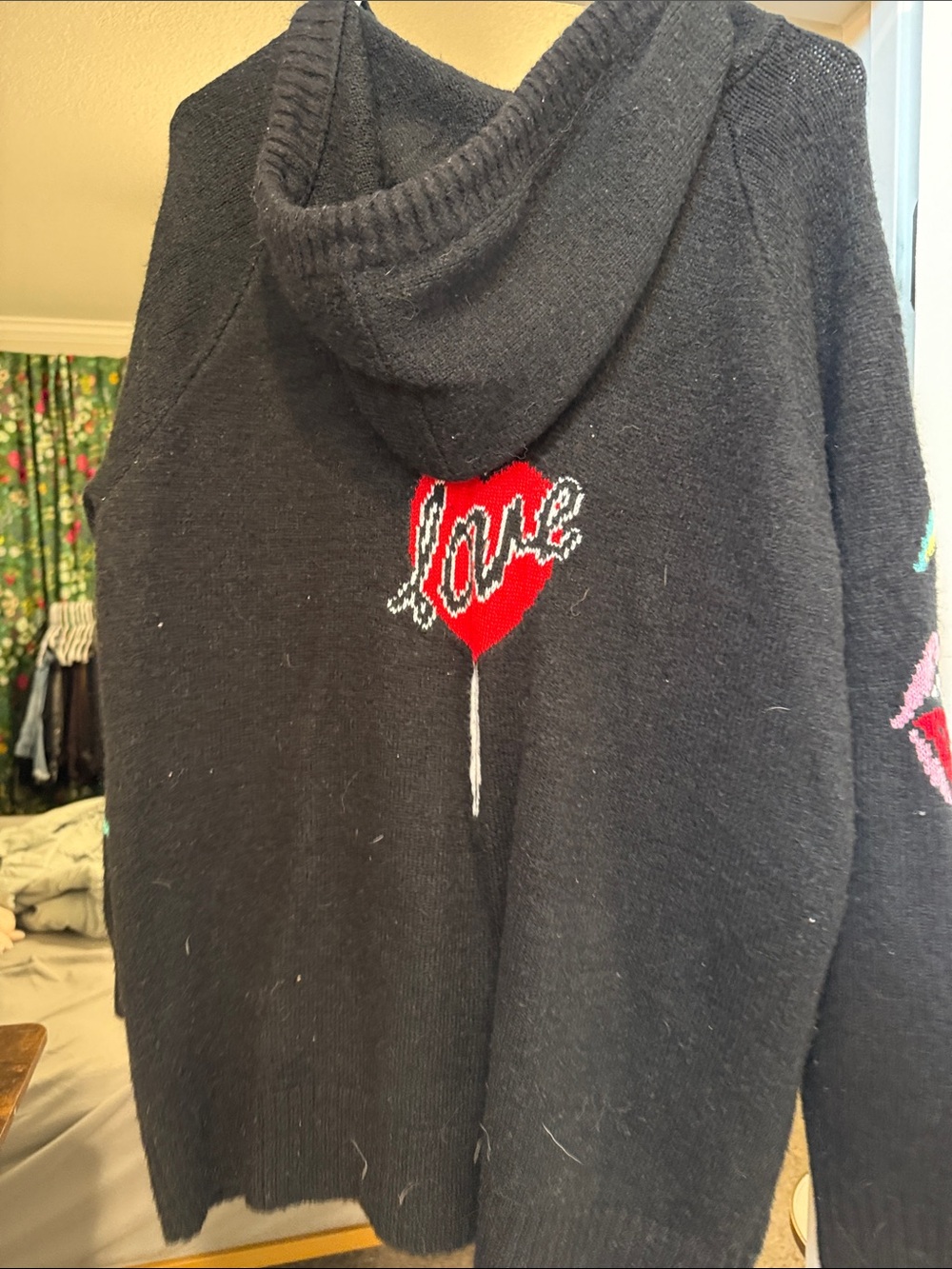 Betsey Johnson Black Zip Hoodie Cardigan with Multicolor Sleeve Motifs - Picture 4 of 4